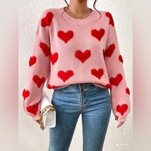 Heart Pattern Crew Neck Pullover Sweater.
